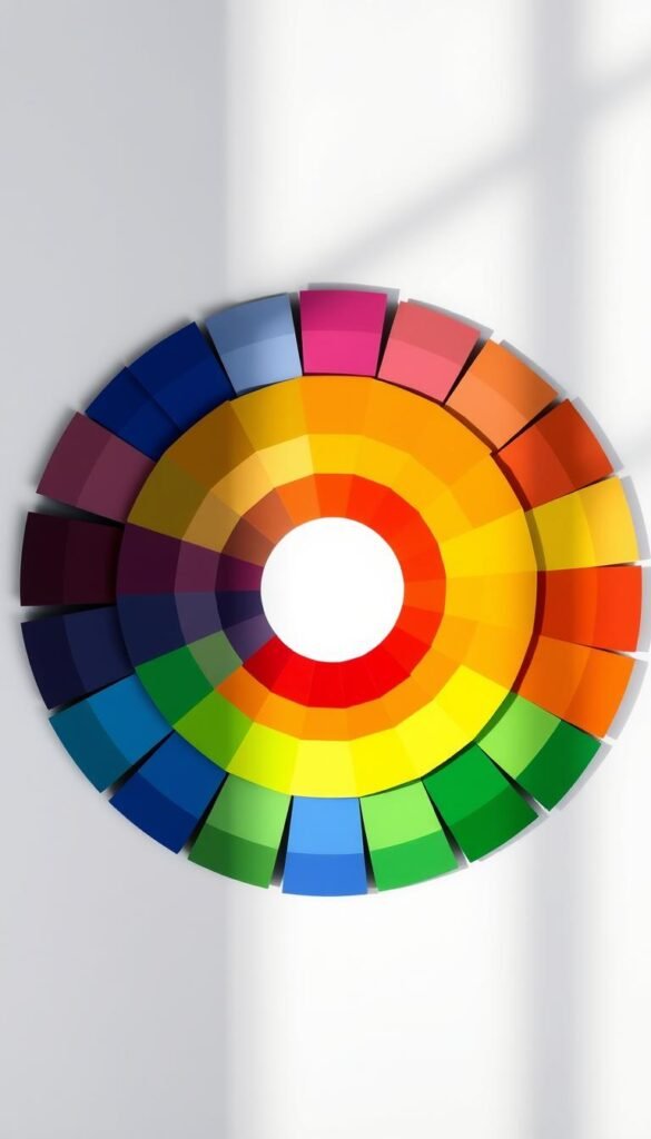 A vibrant color wheel arranged in a radial pattern, showcasing the primary, secondary, and tertiary hues. The wheel is rendered with a smooth, gradient-like transition between the colors, creating a visually striking and harmonious display. The lighting is soft and diffused, allowing the colors to stand out prominently against a clean, minimalist background. The composition is centered and balanced, highlighting the elegance and simplicity of the color theory concept. The overall atmosphere is one of clarity, education, and a deep understanding of the fundamental principles of color.
