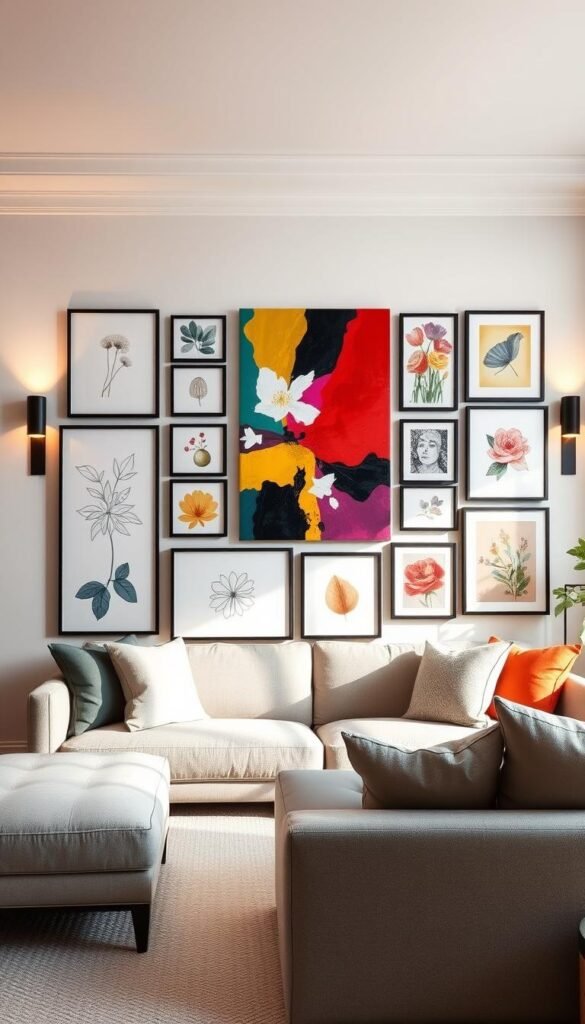 A vibrant gallery wall in a well-lit, neutral living room. The focal point is a striking abstract canvas in bold, clashing hues, surrounded by a harmonious collection of eclectic artworks - minimalist line drawings, lively floral prints, and textured mixed media pieces. The assortment is framed in sleek, modern black and white frames, arranged with intentional asymmetry to create visual interest. Warm, directional lighting from strategically placed sconces casts a cozy glow, complementing the neutral furnishings and highlighting the vivid colors and textures of the artwork. The overall atmosphere is one of sophisticated, curated elegance with a lively, artistic flair.