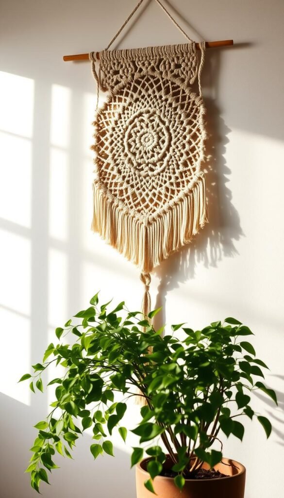 A vibrant macramé wall hanging adorns the center of the frame, its intricate patterns and textures casting intricate shadows on the surrounding white walls. The lighting is soft and diffused, creating a warm, cozy atmosphere. In the foreground, a lush potted plant with cascading leaves complements the organic, bohemian feel. The middle ground features a wooden dowel from which the macramé piece is suspended, its natural grain adding depth and interest. The background is minimalist, allowing the focal point of the macramé to shine. The overall composition conveys a sense of earthy, relaxed elegance, perfectly capturing the essence of the "Macramé Wall Hangings: The Boho Essential" section.