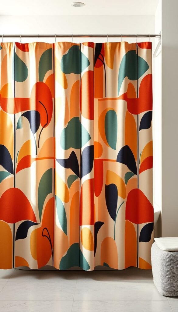 A vibrant, modern shower curtain with a bold, abstract pattern reminiscent of mid-century design. Crisp, clean lines and a geometric motif in a harmonious color palette of warm neutrals and pops of color, casting a softly lit glow across the bathroom. The curtain hangs gracefully, its folds and creases adding depth and texture to the scene. Crisp, directional lighting illuminates the pattern, creating depth and dimension. The overall effect is one of effortless style and sophisticated charm, perfectly complementing a minimalist, spa-like bathroom interior. A vibrant, modern shower curtain with a bold, abstract pattern reminiscent of mid-century design. Crisp, clean lines and a geometric motif in a harmonious color palette of warm neutrals and pops of color, casting a softly lit glow across the bathroom. The curtain hangs gracefully, its folds and creases adding depth and texture to the scene. Crisp, directional lighting illuminates the pattern, creating depth and dimension. The overall effect is one of effortless style and sophisticated charm, perfectly complementing a minimalist, spa-like bathroom interior.