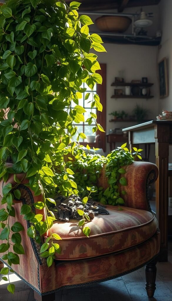 A vibrant new life blossoms from an old, weathered armchair. In the foreground, lush greenery cascades over the chair's worn upholstery, breathing fresh vitality into the once-discarded piece. Soft, natural light filters through the leaves, casting a warm, inviting glow. The middle ground reveals a mix of new growth and remnants of the chair's past, symbolizing the transformative power of upcycling. In the background, a rustic, sun-dappled interior provides a cozy, lived-in backdrop, hinting at the chair's potential to become a cherished centerpiece once more. The scene evokes a sense of renewal, hope, and the endless possibilities in reviving old furniture.