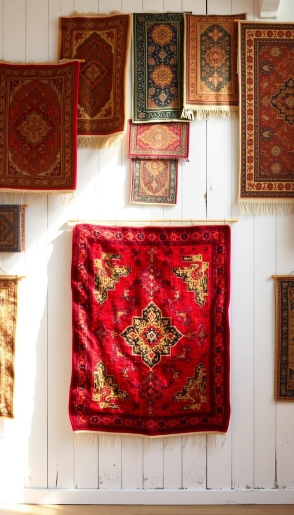 A vibrant, vintage-inspired wall display showcasing a curated collection of richly patterned, antique-style rugs. In the foreground, an eclectic arrangement of plush, textured floor coverings in earthy hues of red, gold, and blue hangs artfully against a neutral, whitewashed backdrop. The middle ground features varying sizes and shapes of the rugs, creating a visually striking, layered effect. Soft, natural lighting filters in, casting a warm, lived-in glow and highlighting the intricate, time-worn designs of the textiles. The overall mood is one of rustic elegance, inviting the viewer to imagine the stories and histories these thrifted treasures might hold.