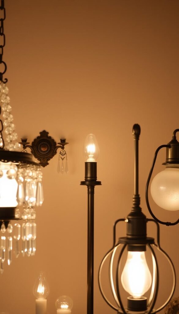 A vintage-inspired tableau of elegant lighting fixtures, illuminated against a backdrop of warm, muted tones. In the foreground, an ornate chandelier with cascading crystal prisms casts a soft, ambient glow. Flanking it, a pair of sconces with intricate metalwork and frosted glass shades add a touch of old-world charm. In the middle ground, a metal floor lamp with a weathered brass finish stands tall, its bulb emitting a cozy, incandescent radiance. The background features a subtle, textured wall, hinting at the history and character of the space. The overall scene exudes a sense of refined sophistication and timeless allure, capturing the essence of vintage lighting that would complement a classic, elegant decor scheme.
