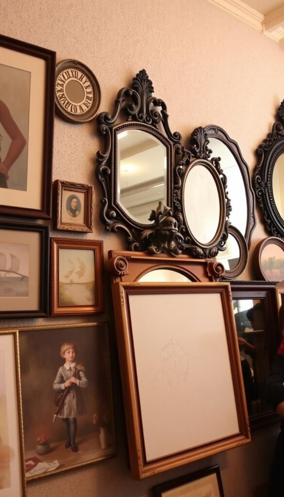 A vintage-inspired wall gallery, featuring an eclectic mix of framed art, decorative mirrors, and rustic accents. The foreground showcases a collection of hand-painted canvases, their muted color palettes and distressed frames adding a sense of timeless elegance. In the middle ground, ornate mirrors in gilded and weathered finishes reflect the warm, ambient lighting, creating a sense of depth and visual interest. The background features a textured, neutral-toned wall, providing a simple, yet sophisticated backdrop for the vintage-inspired display. The overall scene exudes a warm, welcoming atmosphere, perfect for adding classic charm to any living space.