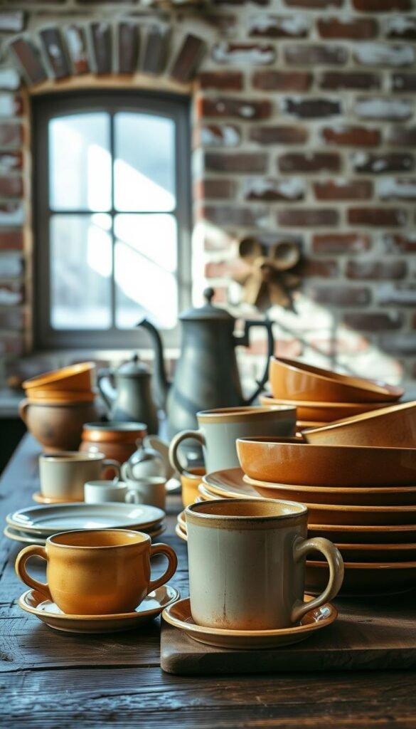 A vintage still life arrangement of classic kitchenware pieces. In the foreground, an assortment of ceramic mugs, bowls, and plates in warm, earthy tones are delicately placed on a rustic wooden table. In the middle ground, a weathered metal coffee pot and a set of antique measuring cups cast soft shadows. The background features a brick wall with subtle distressing, bathed in natural light filtering through a nearby window, creating a cozy, nostalgic atmosphere. The overall composition evokes a sense of timeless charm and refined elegance, perfectly suited for a vintage-inspired home decor setting.