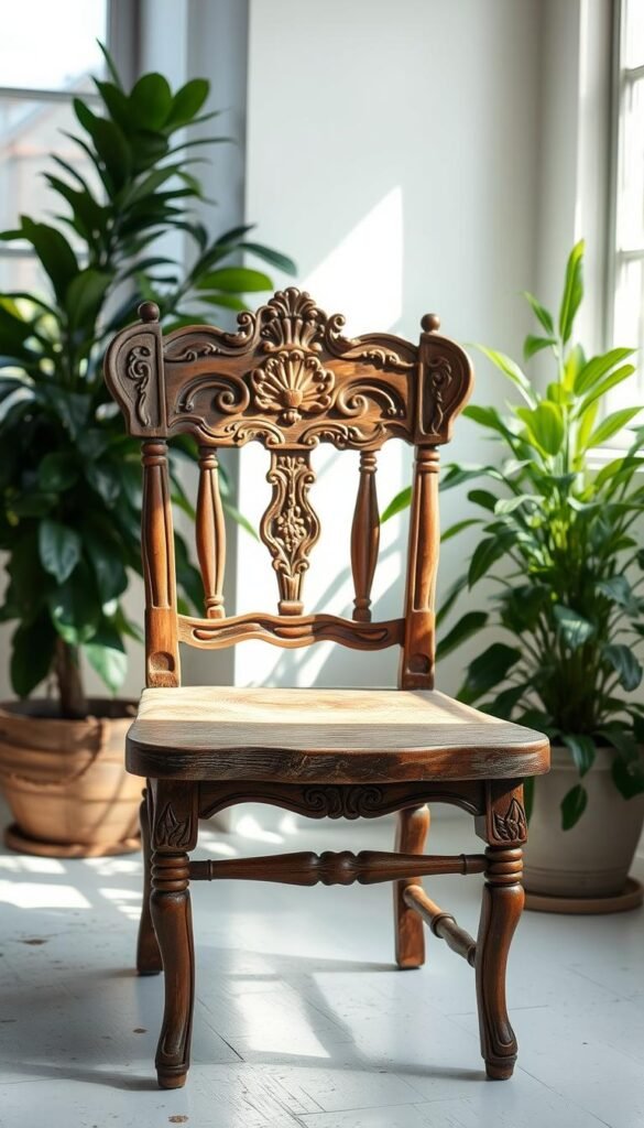 A vintage wooden chair sits in a well-lit, airy studio. The chair's worn, distressed finish and ornate, carved details are the focal point, highlighted by soft, natural lighting from a large window. Lush, verdant plants in the background add a touch of earthy elegance, hinting at the transformation to come. The scene evokes a sense of nostalgia and the potential for new life, setting the stage for an inspiring upcycling project. Vintage wooden chair with intricate carvings and a distressed finish, in a bright, plant-filled studio with natural lighting, ready for a creative DIY makeover.