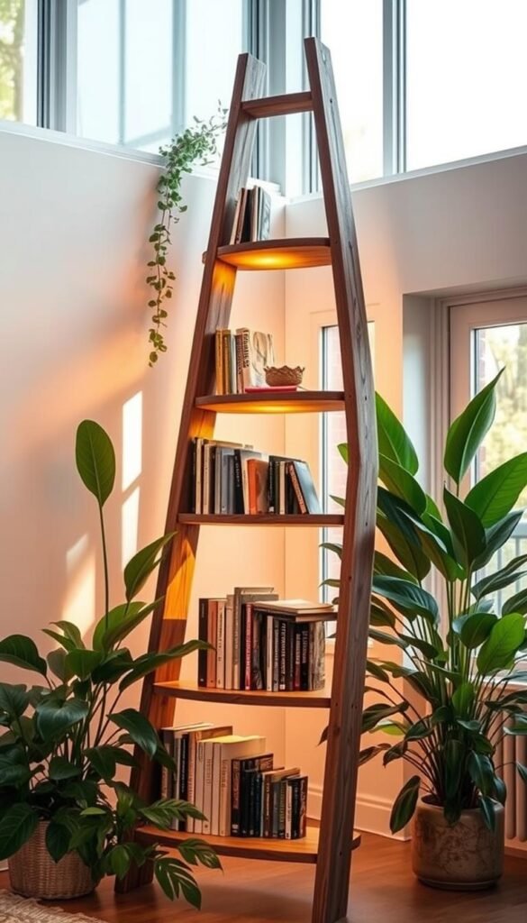 A vintage wooden ladder standing upright, its rungs repurposed into elegant, eco-friendly bookshelves. The shelves are made of natural, unfinished wood, blending seamlessly with the ladder's rustic charm. Warm, golden lighting casts a cozy glow, illuminating the books neatly arranged on the shelves. The ladder is positioned in a bright, airy room with large windows, allowing natural light to filter in. Lush, green plants surrounding the bookshelf add a touch of nature, enhancing the overall eco-friendly ambiance. The scene conveys a sense of tranquility, inviting the viewer to curl up with a good book in this sustainable, repurposed furniture piece.