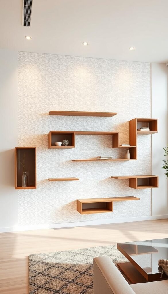 A visually striking, textured accent wall featuring functional shelving units in a minimalist, contemporary living room. The shelves are arranged in an asymmetric, modular pattern, creating a dynamic, gallery-like display. The shelves are crafted from natural wood, providing a warm, organic contrast to the clean-lined, white walls. Soft, diffused lighting from recessed fixtures casts subtle shadows, accentuating the depth and dimension of the shelving units. The overall atmosphere is one of refined elegance and a harmonious blend of form and function.