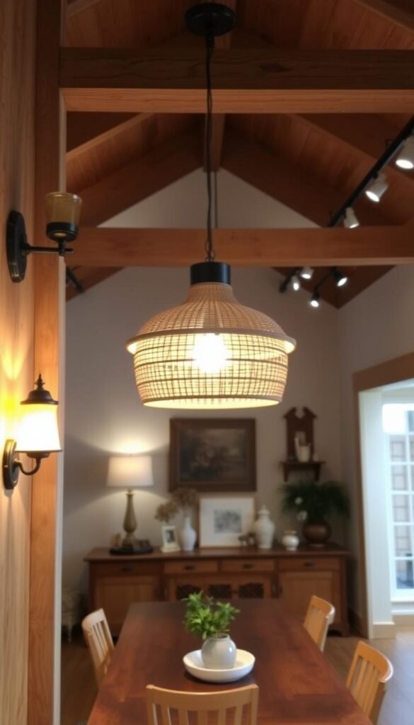 A warm and cozy interior with natural wood accents and neutral tones. In the foreground, a pair of rustic wall sconces casting a soft, amber glow. In the middle ground, a large pendant light with a woven rattan shade hangs above a wooden dining table, illuminating the space with a gentle, inviting light. In the background, track lighting along the ceiling highlights decorative items and artwork, creating a balanced and harmonious ambiance. The overall atmosphere is one of comfort and sophistication, perfect for a country-style home.