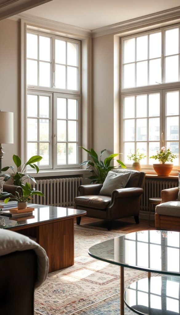 A warm, elegantly furnished living room with a vintage armchair and sleek modern coffee table. The room is bathed in soft, diffused natural light filtering through large windows. A mix of textures, from the worn leather of the chair to the polished wood and glass of the table, creates a layered, visually interesting space. Pops of greenery and subtle metallic accents add depth. The overall atmosphere is one of refined sophistication, where old and new coexist harmoniously.