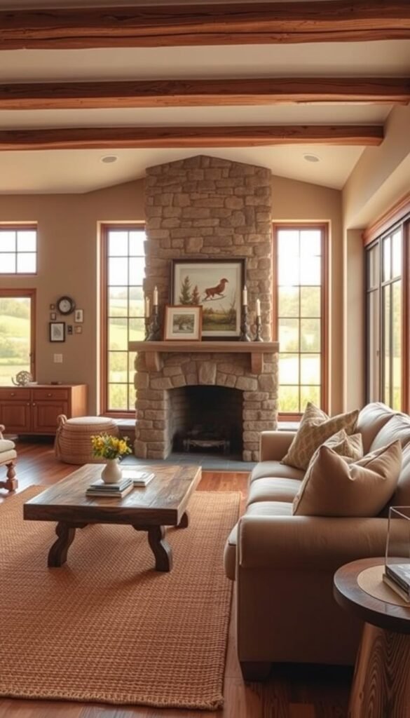 A warm, inviting country classic color scheme featuring muted earth tones and natural wood accents. In the foreground, a cozy living room with a plush beige sofa, a rustic wooden coffee table, and a woven area rug in shades of ochre and terracotta. In the middle ground, a grand stone fireplace with a mantel adorned with framed nature prints and weathered wooden candlesticks. The background showcases a large picture window overlooking a lush, pastoral landscape bathed in soft, golden afternoon light. The overall atmosphere exudes a sense of timeless, relaxed elegance.