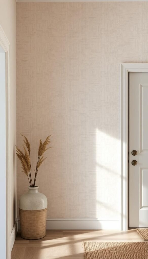 A warm, inviting entryway wall with a subtle, textured neutral wallpaper. The wallpaper has a delicate, natural pattern that adds depth and visual interest, complementing the rustic farmhouse aesthetic. Soft, diffused lighting casts a cozy glow, creating a welcoming atmosphere. The wallpaper's muted tones, such as soft beige, linen, or pale gray, blend seamlessly with the overall decor, allowing other design elements to shine. The texture adds a tactile quality, hinting at the craftsmanship and attention to detail that defines the space. This wallpaper serves as a perfect backdrop, setting the stage for the entryway's inviting warmth and charm.