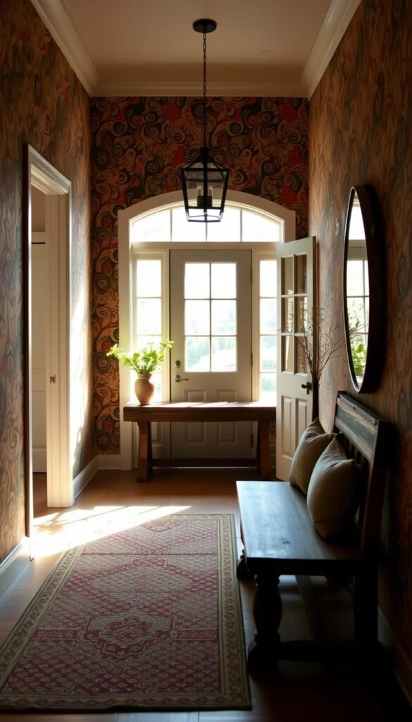 A warm, inviting farmhouse-style entryway, with a bold, intricately patterned wallpaper adorning the walls. The wallpaper features a vibrant, earthy color palette, with a mix of organic shapes and geometric designs that create a sense of depth and movement. The lighting is soft and natural, filtering in through a large window, casting a cozy glow and accentuating the textural elements of the wallpaper. The entryway is furnished with rustic, wooden accents, such as a bench or a console table, creating a harmonious blend of old and new. The overall atmosphere is one of welcoming comfort and a touch of refined elegance, inviting guests to step into the charming farmhouse ambiance.
