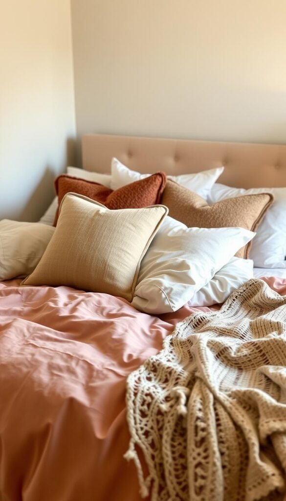 A warm, inviting guest bedroom with a layered bedding arrangement. The bed is dressed in a soft, plush comforter in a muted, earthy tone, complemented by a mix of cozy throw pillows in coordinating hues. Crisp, white linens and a delicate lace throw blanket add texture and depth, creating a luxurious, relaxing atmosphere. Indirect lighting casts a gentle, ambient glow, and the camera angle captures the bedding in a natural, unposed manner, showcasing the inviting and welcoming aesthetic.