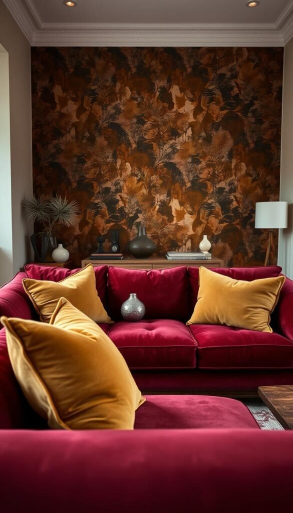 A warm, inviting interior with a harmonious blend of colors and textures. In the foreground, a plush velvet sofa in a rich burgundy hue, accented by throw pillows in complementary shades of mustard and olive green. The middle ground features a wooden coffee table with a textured surface, surrounded by a mix of geometric and organic shapes in décor pieces. In the background, a feature wall showcases a bold, abstract wallpaper pattern that seamlessly ties the color scheme together. Soft, diffused lighting casts a cozy glow, creating an atmosphere of sophistication and comfort. The overall composition highlights the thoughtful interplay of hues, materials, and design elements, exemplifying a masterful approach to interior styling.