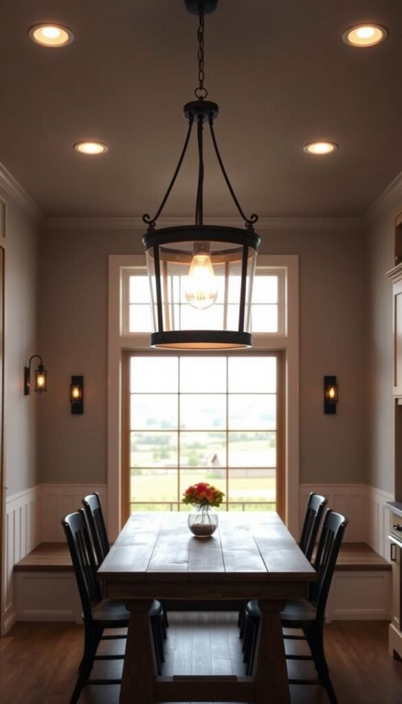 A warm, inviting kitchen nook with a modern farmhouse aesthetic. The focal point is a large, rustic pendant light made of wrought iron and glass, casting a soft, diffused glow over the dining table. Sconces on the walls provide accent lighting, while recessed ceiling lights illuminate the entire space. The table is made of weathered wood, surrounded by sturdy, farmhouse-style chairs. A large window overlooking a picturesque countryside scene fills the nook with natural light, creating a cozy, well-lit atmosphere perfect for family meals and gatherings.