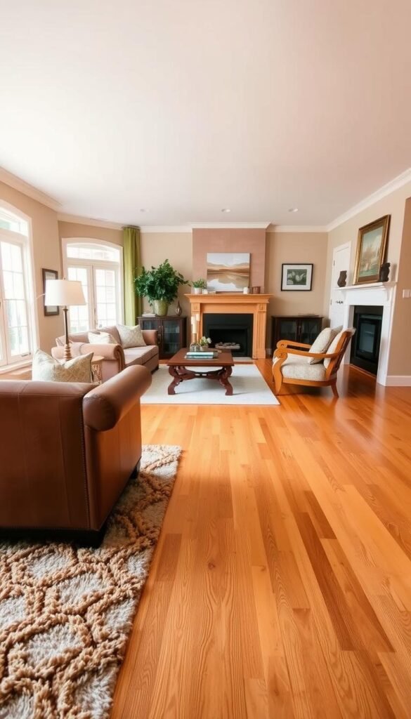 A warm, inviting living room with a focus on natural wood flooring. The flooring is a rich, honey-toned hardwood that spans the spacious room, radiating a rustic charm. Soft beige walls and natural light filtering through large windows create a cozy, relaxing atmosphere. In the foreground, a plush area rug in a neutral palette complements the wood tones, while a mix of traditional and contemporary furnishings, including a leather sofa and wood-accented armchairs, complete the harmonious design. The overall impression is one of timeless elegance and comfort, perfectly capturing the essence of a warm, neutral interior.