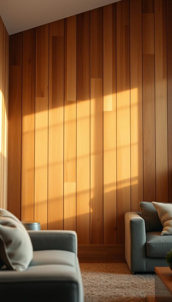 A warm, inviting wood paneled accent wall in a cozy living room. The wooden planks are arranged in a vertical pattern, with a mix of light and dark tones that create a rustic, natural aesthetic. Soft, diffused lighting from a large window bathes the wall in a golden glow, highlighting the wood's grain and texture. The camera angle is slightly angled, providing a compositional balance and emphasizing the wall's prominence as the focal point of the space. The surrounding decor is minimal, allowing the wood paneling to take center stage and radiate a sense of timeless, comfortable elegance.