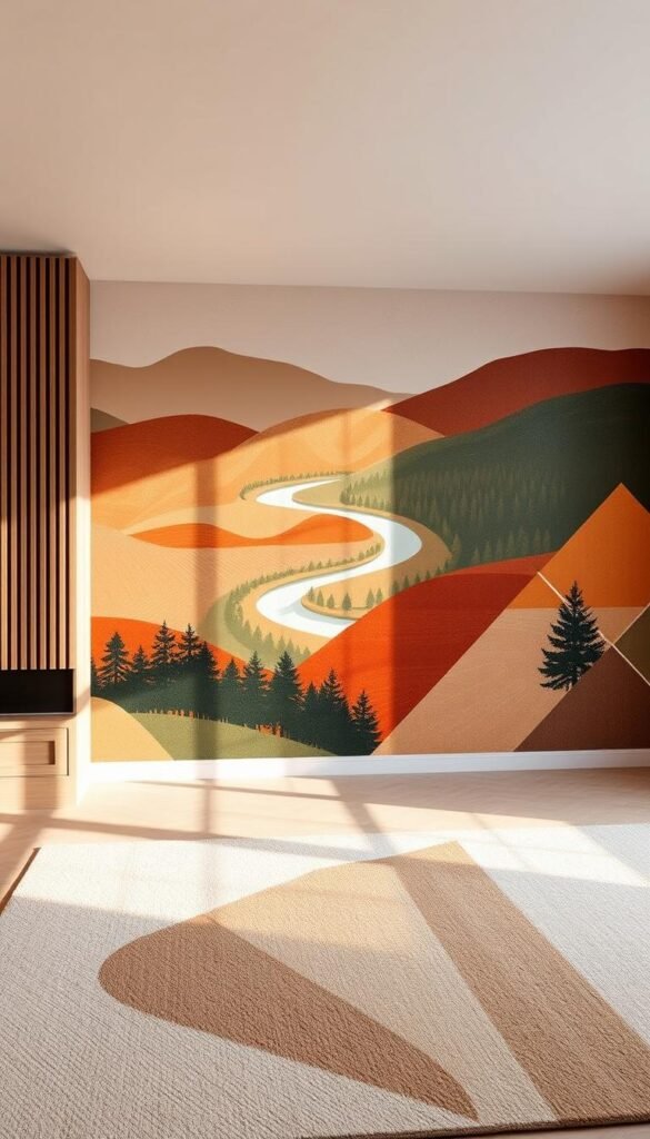 A warm, natural-lit living room with a focal wall showcasing a vibrant mural design. The mural features a serene landscape with rolling hills, a winding river, and a lush forest in the background. In the foreground, abstract geometric shapes and patterns in earthy tones create a visually striking and harmonious composition. The lighting is soft and diffused, casting a gentle glow on the mural's textured surface. The overall mood is calming and inviting, evoking a sense of serenity and simplicity that would complement a cozy living room setting.