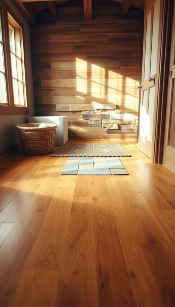 A warm, natural-lit room showcasing a variety of rustic flooring options. In the foreground, a smooth, wide-plank hardwood floor in a rich honey tone. Across the middle, a textured stone tile floor in earthy shades of gray and tan. In the background, a weathered wood-paneled wall complemented by a cozy woven area rug. The lighting is soft and diffused, casting a gentle glow that enhances the organic materials. The overall atmosphere evokes a sense of timeless charm and tranquility, perfect for a spa-like farmhouse bathroom.