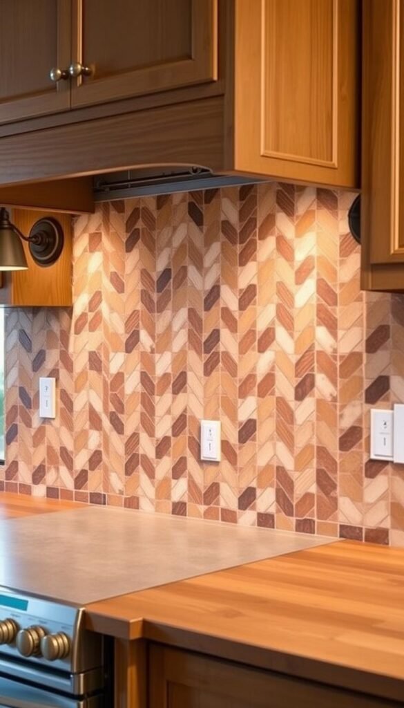 A warm, rustic farmhouse-style tile backsplash, featuring an intricate herringbone pattern in earthy tones of terracotta, ochre, and sage. The backsplash spans the full width of the kitchen, creating a striking focal point. Soft, diffused lighting from sconces on either side casts a gentle glow, highlighting the subtle variations in the handcrafted tile texture. The layout is captured from a slightly elevated angle, showcasing the backsplash's elegant, timeless design that seamlessly complements the surrounding wooden cabinetry and vintage-inspired hardware.
