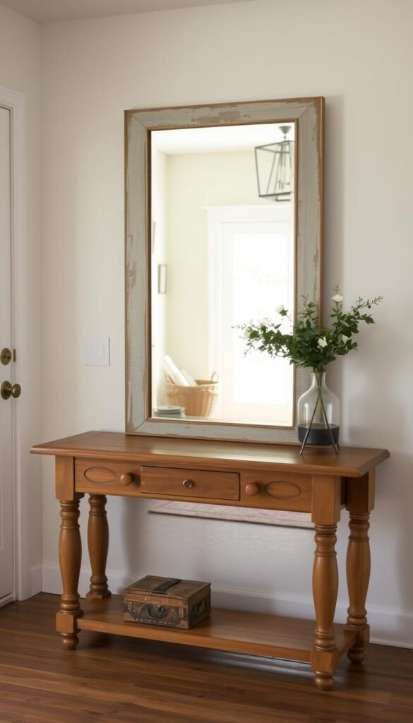A warm, rustic flip-top console table stands in the foreground, its weathered zinc mirror reflecting the soft natural light from a nearby window. The table's distressed wood top and elegant, turned legs evoke a vintage farmhouse charm. In the middle ground, a cozy entryway scene unfolds, with a plush area rug, decorative baskets, and a few carefully placed accent pieces. The background is softly blurred, allowing the table to take center stage and create an inviting, welcoming atmosphere.