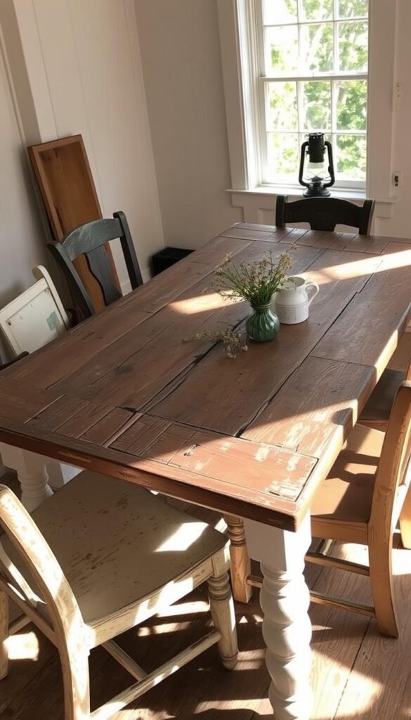 A weathered farmhouse table with a distressed wooden top, surrounded by mismatched but charming chairs in various states of wear. Dappled sunlight filters through a nearby window, casting a warm glow on the aged surfaces. The furniture is set against a backdrop of whitewashed walls, with hints of peeling paint and worn floorboards visible. An antique oil lamp and a small bouquet of wildflowers add a rustic, lived-in feel to the scene. The overall atmosphere evokes a sense of timeless, effortless farmhouse style.