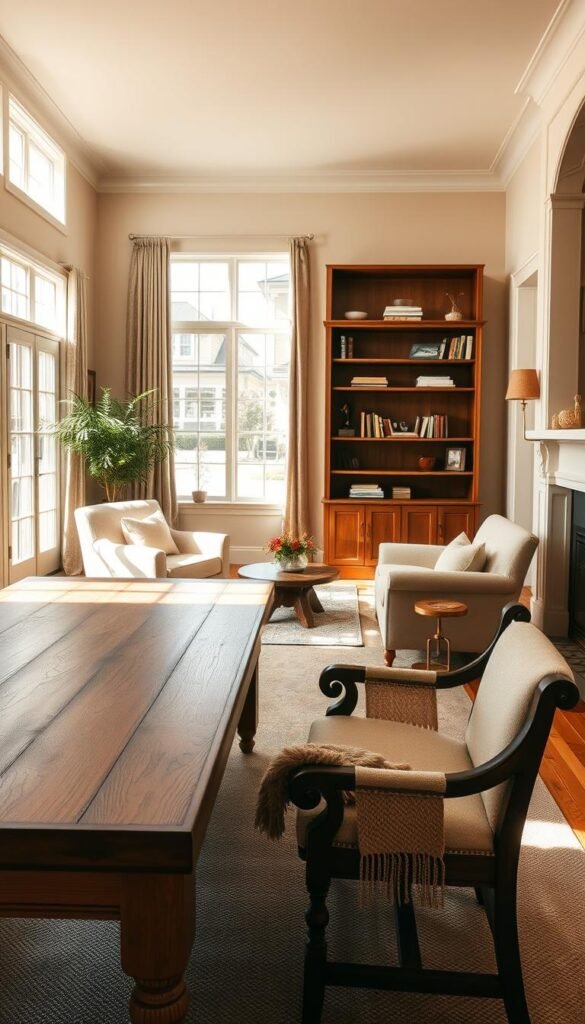 A well-crafted, durable family home settles into a warm, inviting scene. In the foreground, a sturdy wooden table with a plush cushioned bench invites lively gatherings. Elegant armchairs in a neutral palette frame the space, their solid frames promising years of comfort. Soft, textured throws add cozy accents. Across the room, a tall, elegant bookshelf stands, its solid shelves ready to hold treasured tomes and cherished mementos. Sunlight filters through large windows, casting a gentle glow over the space. This is a room built to last, a foundation for a lifetime of memories.