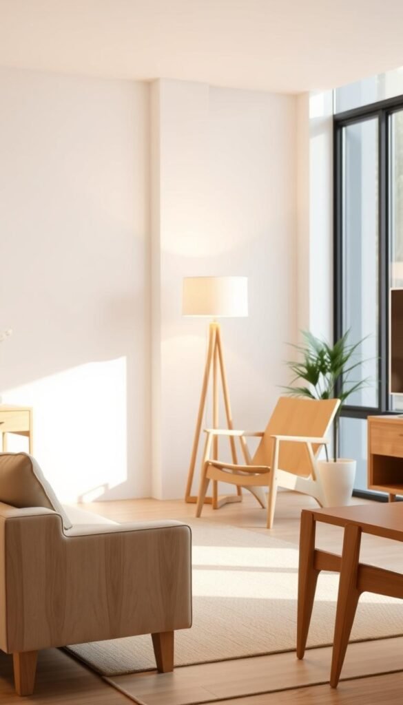 A well-lit Scandinavian-style living room with an assortment of light wood furniture featuring clean, minimalist lines. A low-profile sofa with tapered legs sits in the foreground, accompanied by a matching coffee table with a simple geometric design. In the middle ground, a wooden armchair with a sleek, angular silhouette stands next to a tall, slender floor lamp, casting a warm, diffused glow across the scene. The background showcases a large window, allowing natural light to flood the space and emphasize the light wood tones and uncluttered aesthetic. The overall atmosphere evokes a sense of calm, modern elegance.