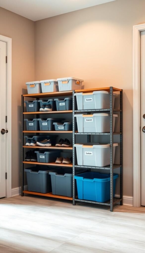A well-lit and organized entryway, featuring a sturdy shelving unit with labeled plastic storage bins. The bins are neatly arranged, color-coded, and labeled to denote different seasons and shoe types. The background showcases a neutral-toned wall, providing a clean and minimalist backdrop. The scene is illuminated by a combination of natural and artificial lighting, casting a warm and inviting glow. The overall composition conveys a sense of efficiency, practicality, and a commitment to maintaining a tidy and decluttered living space.