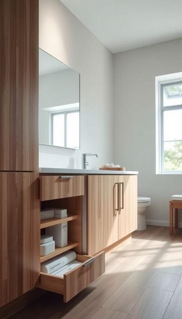 A well-lit bathroom vanity showcasing a recessed toe kick storage solution. The cabinet doors are crafted from natural wood with a smooth satin finish, blending seamlessly into the sleek, minimalist design. Soft, diffused lighting from above casts a warm glow, highlighting the clean lines and thoughtful details. The storage compartments are neatly organized, concealing clutter and allowing easy access to frequently used items. The composition captures the practical yet elegant nature of this hidden storage feature, showcasing how it can elevate the functionality and aesthetic of a bathroom space.