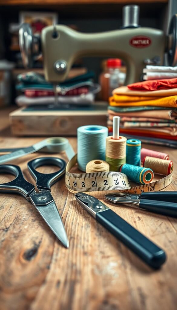 A well-lit, close-up photograph of an assortment of essential DIY fabric tools on a rustic wooden surface. In the foreground, a pair of sharp fabric shears, a measuring tape, and a seam ripper are neatly arranged. In the middle ground, a sewing machine bobbin, a needle threader, and a selection of colorful thread spools create a harmonious composition. The background features a vintage sewing machine and a stack of repurposed fabrics, evoking a cozy, crafty atmosphere. The lighting is soft and natural, highlighting the textures and colors of the tools, creating a visually appealing and informative scene.