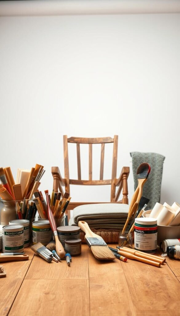A well-lit, close-up studio scene depicting an assortment of tools and materials for chair upcycling. In the foreground, an array of brushes, paint cans, and fabric swatches are neatly arranged on a wooden table. In the middle ground, an old wooden chair frame sits prominently, its worn surface inviting transformation. The background features a clean, white backdrop, allowing the subject to take center stage. The lighting is soft and even, creating a sense of warmth and focus. The overall composition conveys a sense of creativity, DIY spirit, and the promise of a successful upcycling project.