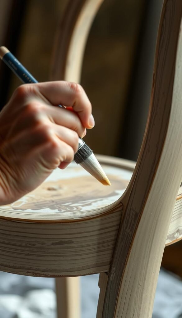 A well-lit, close-up view of an artist's hands meticulously applying multiple layers of paint to the wooden frame of an antique chair. Visible on the frame are intricate brushstrokes, varying textures, and a subtle color palette of earthy tones. The camera angle highlights the skilled techniques, with a soft, diffused light source creating depth and dimension. The background is blurred, allowing the viewer to focus solely on the captivating process of chair frame transformation.