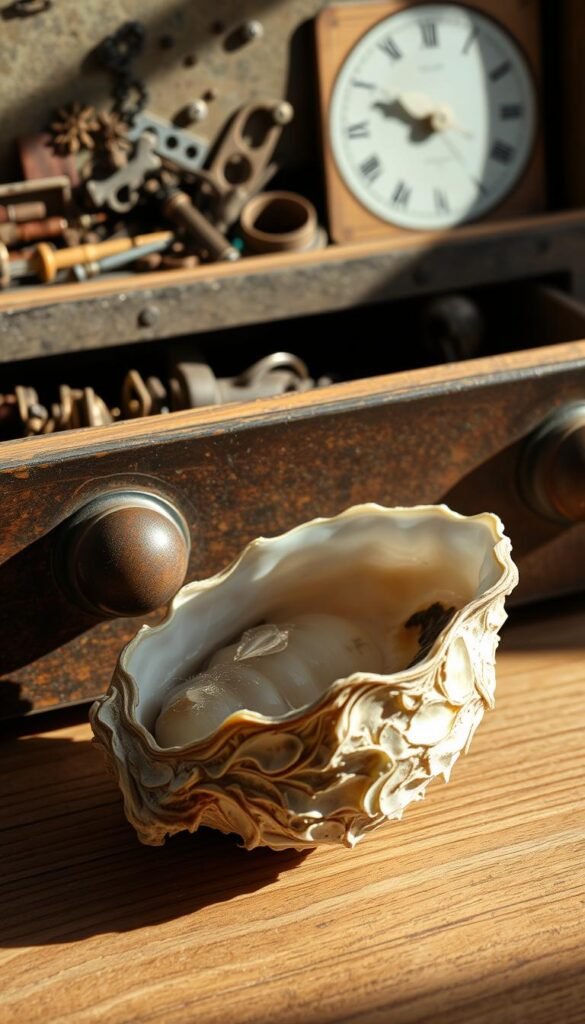 A well-lit, close-up view of an intricate oyster shell resting on a wooden surface, with a vintage printer's drawer filled with an assortment of interesting objects in the background. The oyster shell's pearlescent, iridescent texture is highlighted, while the printer's drawer showcases an eclectic mix of repurposed materials, such as small trinkets, old keys, and hardware. The lighting is soft and natural, casting gentle shadows that accentuate the textures and details. The overall mood is one of creativity, curiosity, and the beauty found in unexpected, everyday objects.