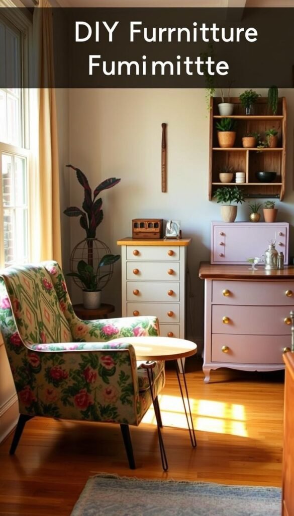 A well-lit, cozy interior space showcasing various DIY furniture transformations. In the foreground, a refurbished vintage armchair stands out, its faded fabric freshened up with a vibrant floral pattern. Nearby, a repurposed side table features a rustic wooden top and sleek metal legs. In the middle ground, a salvaged dresser has been repainted in a soft pastel color and adorned with trendy brass hardware. The background reveals a nook with a unique bookshelf made from reclaimed wood, artfully displaying plants and decorative accents. Warm, natural lighting illuminates the scene, highlighting the textures and charming details of these one-of-a-kind, upcycled furniture pieces.
