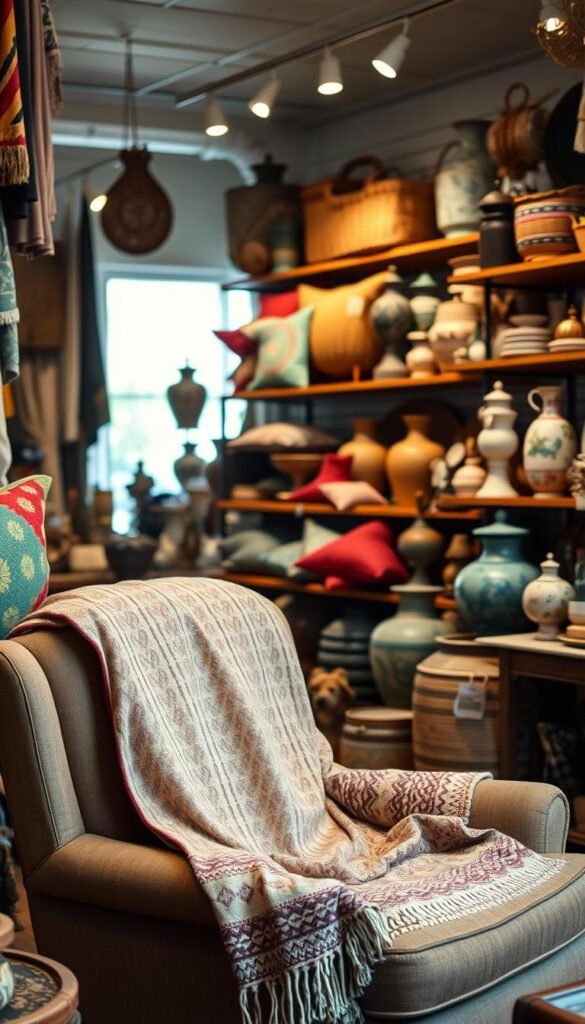 A well-lit, cozy thrift store, filled with an assortment of eclectic textiles and vintage home accents. In the foreground, a soft, patterned throw blanket drapes over a worn armchair, inviting touch and comfort. On the middle shelves, an array of vibrant pillows, woven baskets, and antique vases catch the eye, hinting at the unique treasures waiting to be discovered. The background fades into a warm, diffused light, creating a sense of timeless charm and possibility. The scene exudes a mood of laid-back sophistication, perfect for inspiring ideas on curating the best thrifted textiles for the home.