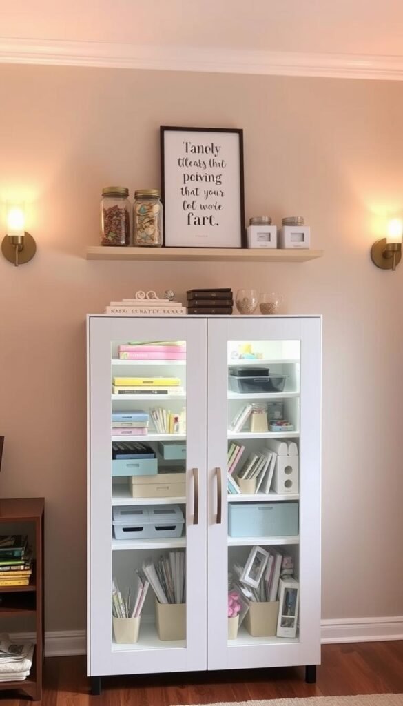 A well-lit, eye-level craft storage unit stands in a cozy, organized home office. The sleek, minimalist cabinet features clear acrylic doors, allowing a view of neatly arranged craft supplies. Warm, diffused lighting from wall sconces casts a gentle glow, highlighting the cabinet's clean lines and the vibrant hues of the contents. Floating shelves above the cabinet display decorative storage jars and an inspirational art print. The overall scene conveys a sense of efficiency, accessibility, and thoughtful design - the perfect "game-changer" for a dedicated crafting zone.