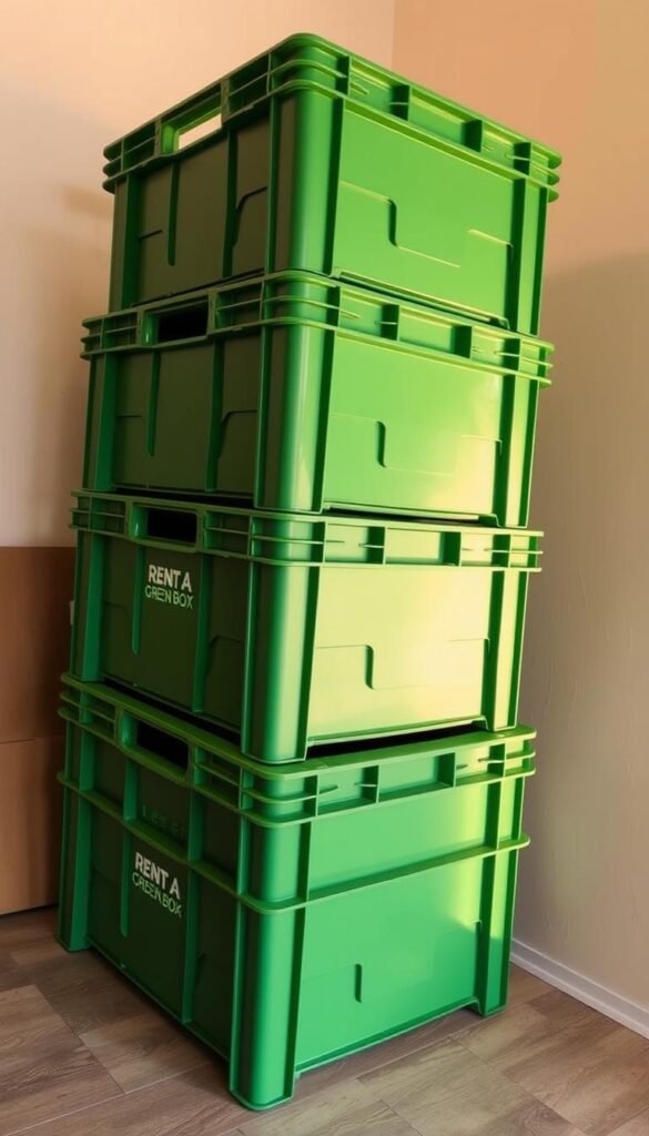A well-lit, high-angle shot of a stack of sturdy, eco-friendly plastic moving crates from Rent A Green Box. The crates have a vibrant green hue and sleek, modern design. They are stacked neatly, showcasing their efficient and space-saving properties. The image conveys a sense of organization, sustainability, and the convenience of a zero-waste moving solution. The lighting is warm and natural, creating a pleasant, inviting atmosphere. The camera angle emphasizes the crates' practical, stackable nature, highlighting their suitability for maximizing space during a move.