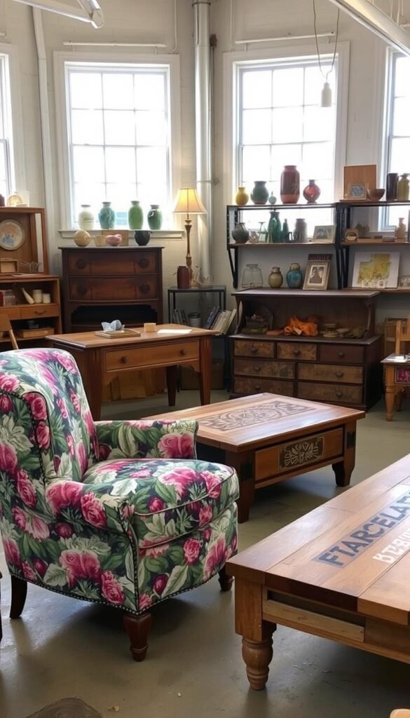 A well-lit, inviting workshop scene featuring a variety of upcycled furniture pieces. In the foreground, a repurposed vintage armchair with a vibrant floral fabric. Beside it, a reclaimed wood coffee table with an eye-catching geometric pattern. In the middle ground, a refurbished dresser adorned with intricate stencil art. Shelves along the back wall display an array of unique decor items made from recycled materials - jars, vases, lamps. Soft, natural lighting filters in through large windows, casting a warm glow over the space. The overall atmosphere conveys a sense of creativity, ingenuity, and a celebration of giving new life to old, forgotten objects.