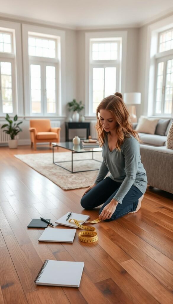 A well-lit living room with a woman carefully measuring the available space using a tape measure. She is kneeling on the hardwood floor, surrounded by a tape measure, a notebook, and a pen, meticulously planning the furniture arrangement. The room features large windows, allowing natural light to flood the space, and minimal furnishings to create a sense of openness. The woman's expression is focused and thoughtful, reflecting the importance of this step in choosing the right pieces for her home.