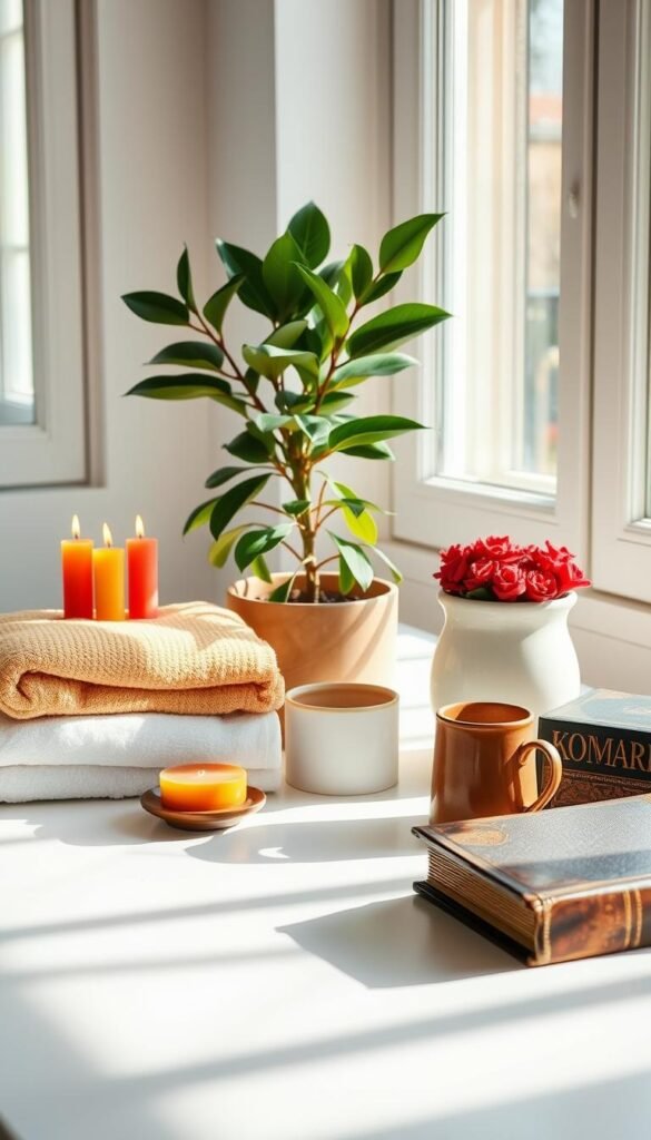 A well-lit, minimalist room filled with objects that spark joy: a neatly folded pile of soft, plush towels, a row of vibrantly colored candles, a houseplant with lush, verdant foliage, a beautifully crafted ceramic mug, and a vintage hardcover book with a worn, leather-bound cover. The items are arranged in a harmonious composition, casting gentle shadows and bathed in warm, diffused natural light streaming through large windows. The overall atmosphere conveys a sense of peace, calm, and contentment, embodying the core principles of the KonMari method of decluttering and organization.