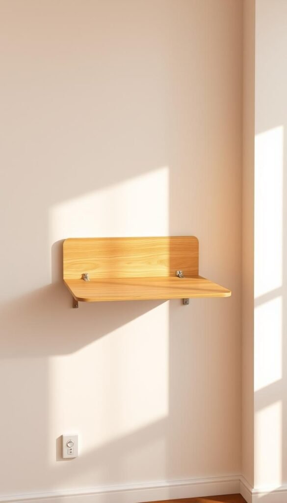 A well-lit, minimalist room showcasing a wall-mounted drop-leaf table. A sturdy wooden table in a natural grain finish is securely attached to the wall, its leaf folded down to conserve space. The table is mounted at a comfortable height, with sleek metal hardware blending seamlessly into the wall. Warm yet soft lighting illuminates the scene, casting gentle shadows that accentuate the table's simple, elegant design. The sparse, clutter-free background emphasizes the table's functionality as a space-saving furnishing solution for a small living area.