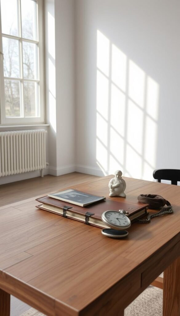 A well-lit, minimalist room with natural sunlight filtering through large windows. On a simple wooden table, an assortment of personal mementos and legacy items are neatly arranged: an old photograph, a worn leather-bound journal, a delicate porcelain figurine, and a polished silver pocket watch. The items exude a sense of history and introspection, inviting the viewer to reflect on the significance of letting go and simplifying one's belongings. The overall atmosphere is serene, contemplative, and imbued with a Scandinavian aesthetic of clean lines and subtle elegance.