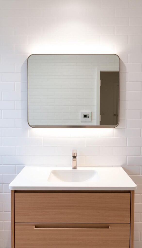 A well-lit modern bathroom vanity with a sleek minimalist design. The vanity top is a smooth, white quartz surface with clean lines, accentuated by a frameless mirror with a subtle, brushed metal frame. Soft, dimmable LED lighting is mounted underneath the mirror, casting a warm glow over the space. The vanity drawers and cabinets are made of a light, natural wood with a matte finish, providing ample storage. The entire setup is situated against a backdrop of crisp, white subway tiles, creating a bright, airy atmosphere. The faucet is a modern, single-handle design in a brushed nickel finish, complementing the overall aesthetic. A well-lit modern bathroom vanity with a sleek minimalist design. The vanity top is a smooth, white quartz surface with clean lines, accentuated by a frameless mirror with a subtle, brushed metal frame. Soft, dimmable LED lighting is mounted underneath the mirror, casting a warm glow over the space. The vanity drawers and cabinets are made of a light, natural wood with a matte finish, providing ample storage. The entire setup is situated against a backdrop of crisp, white subway tiles, creating a bright, airy atmosphere. The faucet is a modern, single-handle design in a brushed nickel finish, complementing the overall aesthetic.