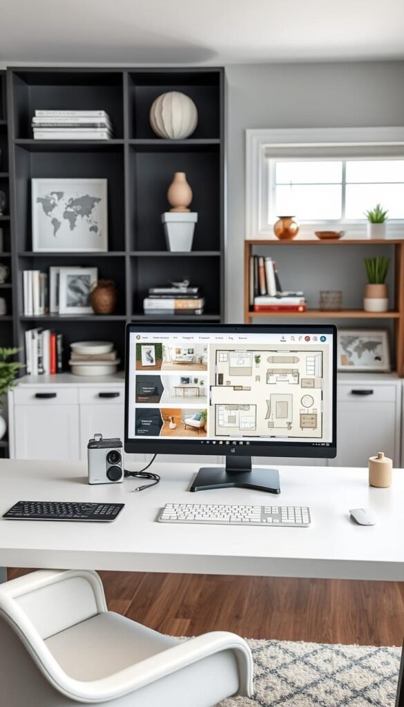 A well-lit, modern home office with a sleek, minimalist desk featuring an array of digital planning tools and software. The middle ground showcases a large monitor displaying a digital room layout plan, with various furniture and decor options. In the background, shelves hold reference books and decorative accents that inspire thoughtful design. The overall atmosphere is one of focused creativity and intentional space planning.