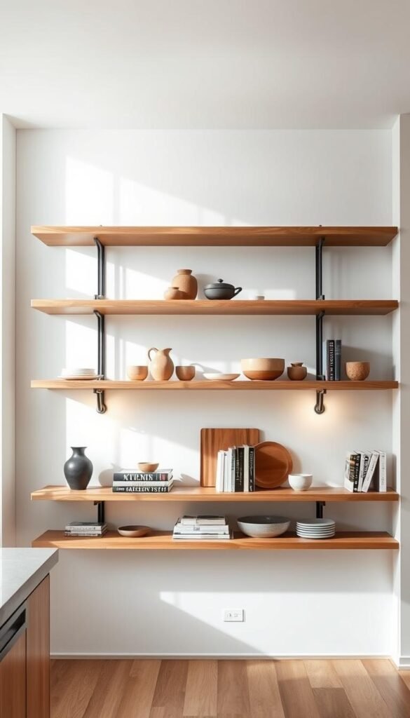 A well-lit, modern kitchen showcases a statement shelving unit, the focal point of the space. The shelves are made of sleek, natural wood, elegantly suspended against a bright, airy backdrop. Soft, diffused lighting emanates from discreet fixtures, casting a warm glow and accentuating the organic texture of the wood. The shelves are styled with a curated selection of pottery, cookbooks, and decorative accents, creating a visually harmonious and inviting display. The overall composition exudes a sense of minimalist sophistication, perfectly complementing the open, spacious kitchen design.