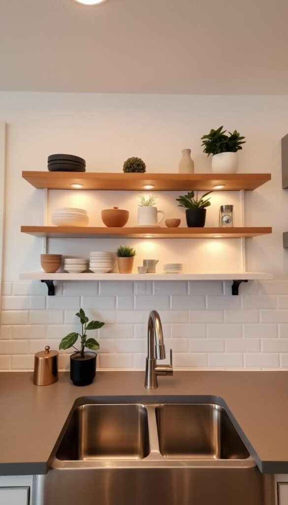 A well-lit, modern kitchen with open shelving above a stainless steel sink. The shelves feature a mix of white and natural wood tones, holding a curated selection of ceramic dishes, potted plants, and decorative items. The backsplash is a neutral subway tile, complementing the sleek, minimalist design. Warm, diffused lighting casts a soft glow, creating a cozy and inviting atmosphere. The camera angle is slightly elevated, capturing the shelves from an eye-level perspective, emphasizing their practicality and visual appeal within the kitchen space.