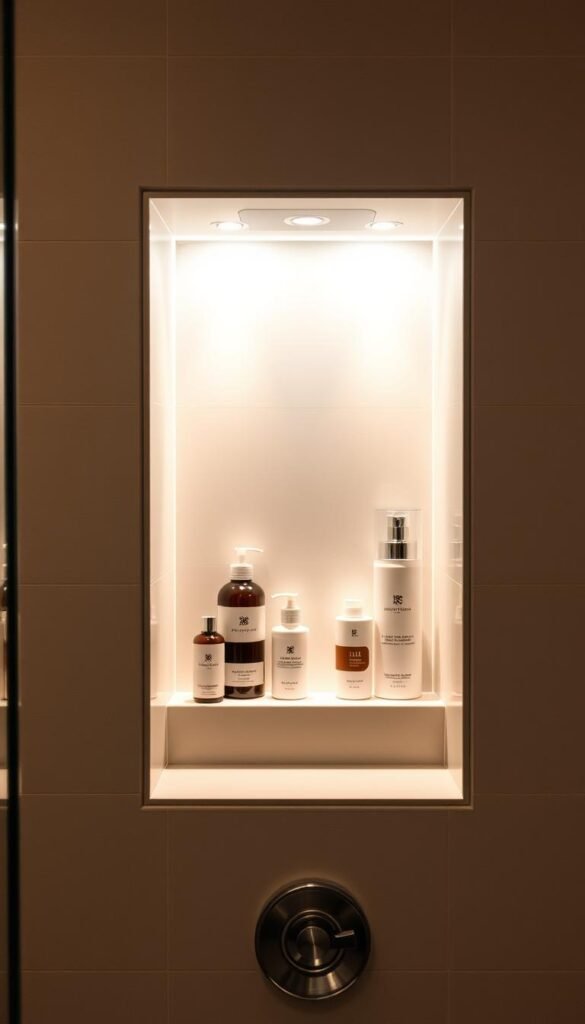 A well-lit, modern shower niche with sleek, minimalist design, showcasing a selection of high-quality bathroom products. The niche is recessed into the tiled wall, with clean lines and a subtle, understated elegance. The lighting, either natural or carefully placed, casts a warm, inviting glow, accentuating the textures and colors of the tiles and products. The arrangement of the items within the niche is purposeful and visually appealing, creating a sense of harmony and balance. The overall atmosphere is one of refined sophistication, reflecting the luxurious theme of the bathroom makeover.