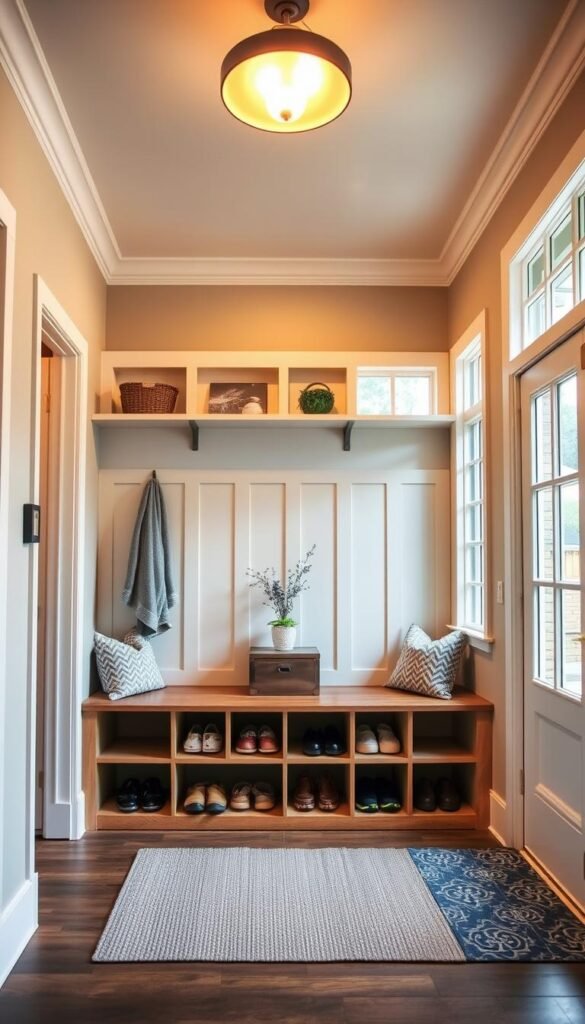 A well-lit mudroom bench with ample storage options, showcased in a bright, airy entryway. The wooden bench features multiple cubbies and compartments, providing convenient organization for shoes, coats, and everyday items. Warm overhead lighting casts a cozy glow, complemented by natural light streaming in through large windows. The space exudes a sense of order and functionality, creating an inviting first impression. Subtle decorative accents, like a potted plant or decorative baskets, add a touch of style. The scene is captured from a slightly elevated angle, highlighting the bench's clean lines and the organized storage solutions within.